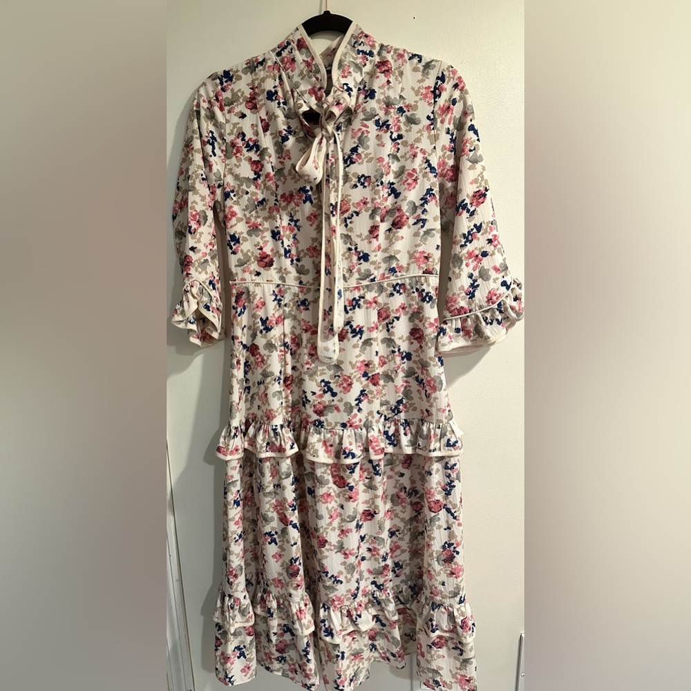 Dainty Jewells Dress Floral Modest  Midi Size S Neck Tie Ruffles Pink Blue